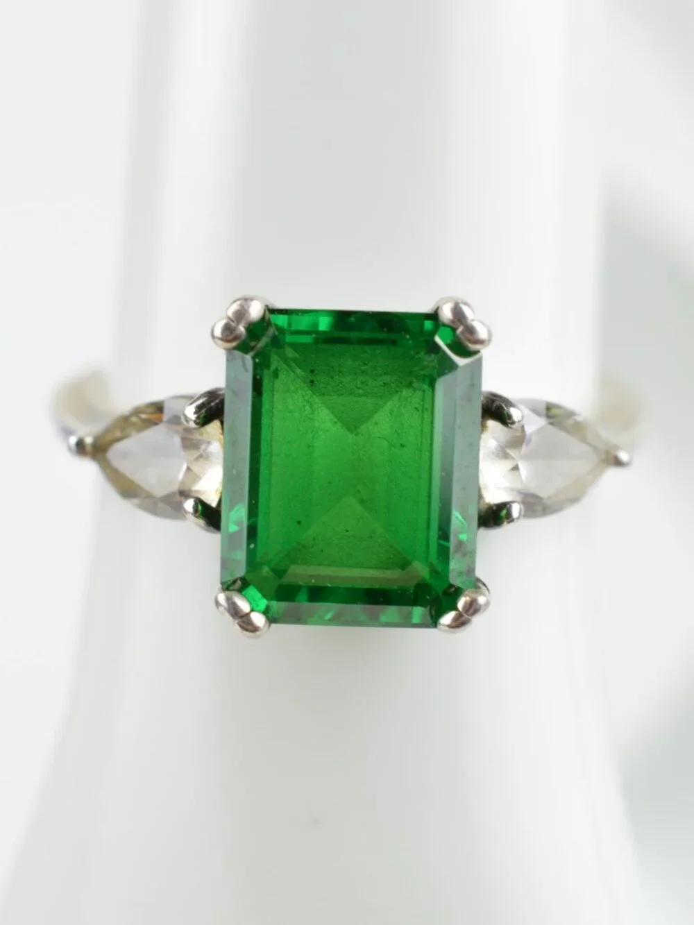 Diamonique QVC 925 Sterling Silver Simulated Emerald Three Stone CZ Ring 7.5